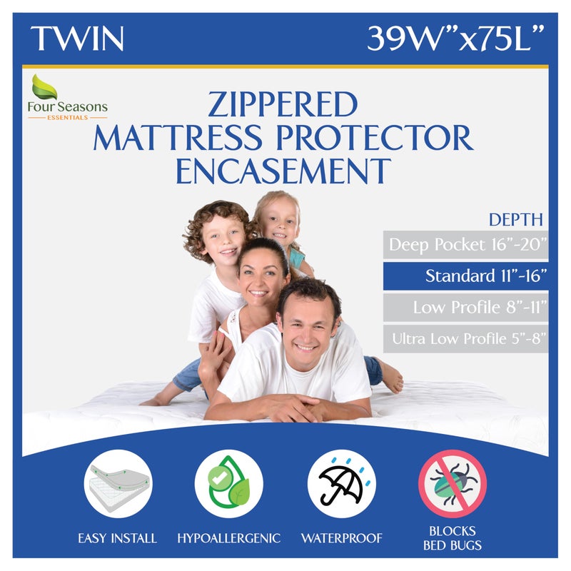 Four Seasons Essentials Twin Size Zippered Bed Bug Mattress Protector Waterproof Encasement Hypoallergenic Premium Bedbug Cover White - Image 1