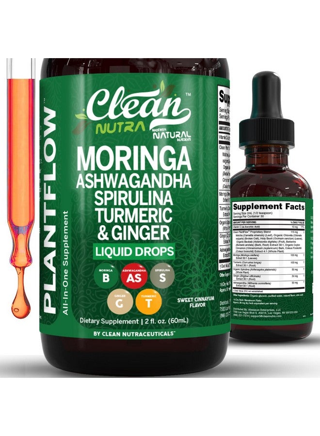 Clean Nutraceuticals قطرات سائلة من كلين نوترا بلانت فلو 60 مل - مورنغا، أشواغاندا، سبيرولينا، كركم وزنجبيل - مكمل عشبي طبيعي - نباتي، خالي من الكحول، غير معدل وراثيًا، نكهة القرفة الحلوة - Image 1