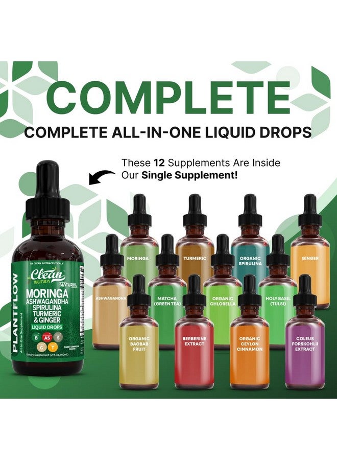 Clean Nutraceuticals قطرات سائلة من كلين نوترا بلانت فلو 60 مل - مورنغا، أشواغاندا، سبيرولينا، كركم وزنجبيل - مكمل عشبي طبيعي - نباتي، خالي من الكحول، غير معدل وراثيًا، نكهة القرفة الحلوة - Image 2