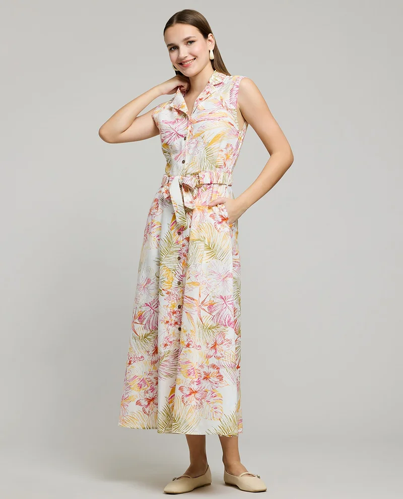 R&B Patterned Sleeveless Midi Dress with Lapel Collar