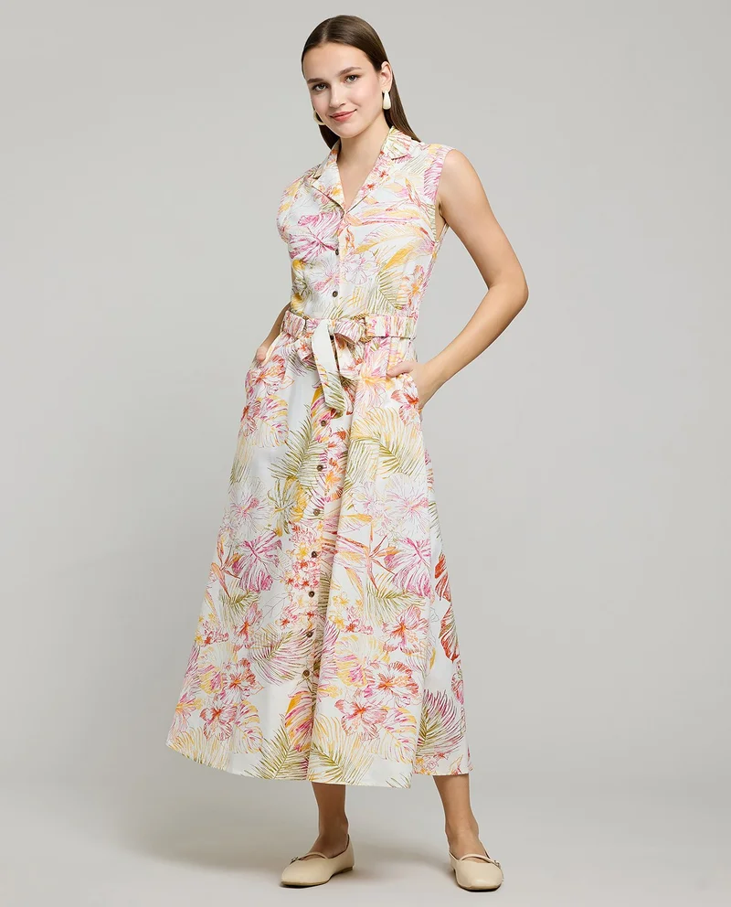 R&B Patterned Sleeveless Midi Dress with Lapel Collar