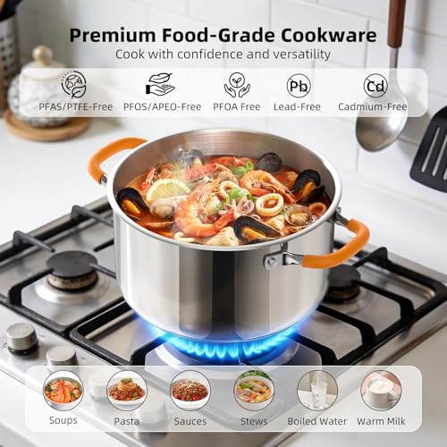Ciwete Stainless Steel Stock Pot, 11 Quart Soup Pot with Lid, Heavy-Duty Thick Bottom Induction Cooking Pot for Pasta, Stew & Simmering, Fast Heating, Compatible with All Cooktops, Dishwasher Safe - Image 2