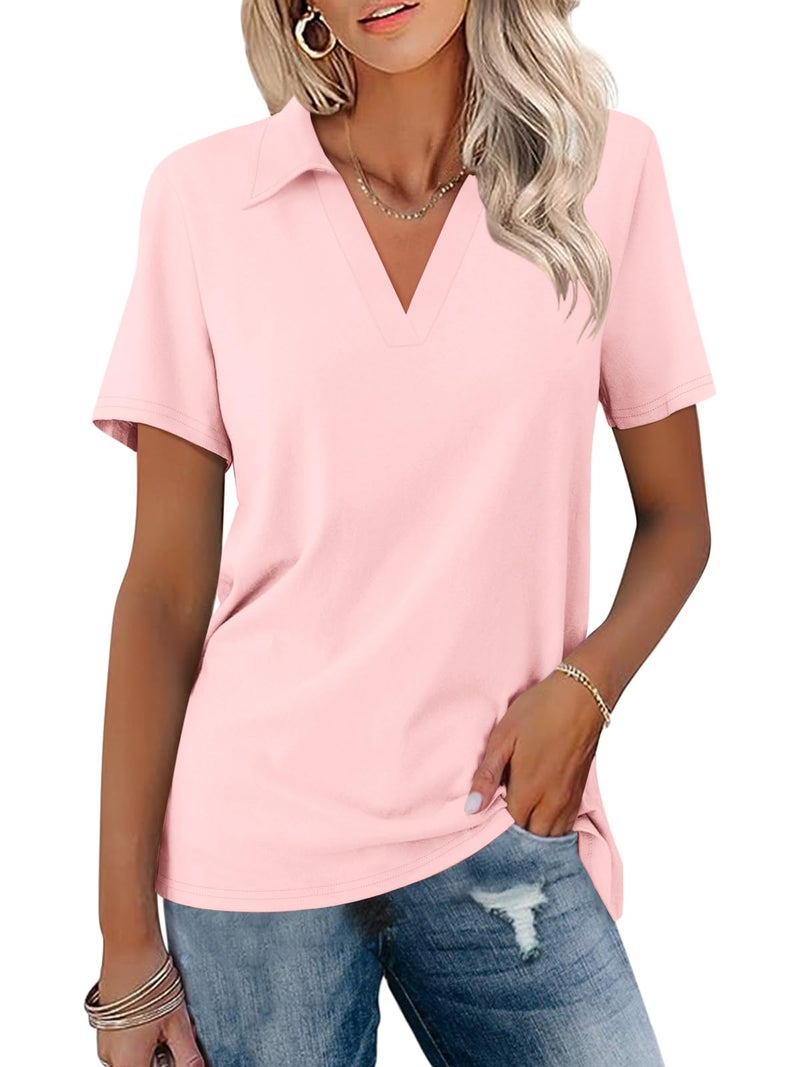 TICTICMISS Women's Polo Shirts Short Sleeve V Neck Summer Tops Business Casual Collared Shirts Loose Tees - Image 1