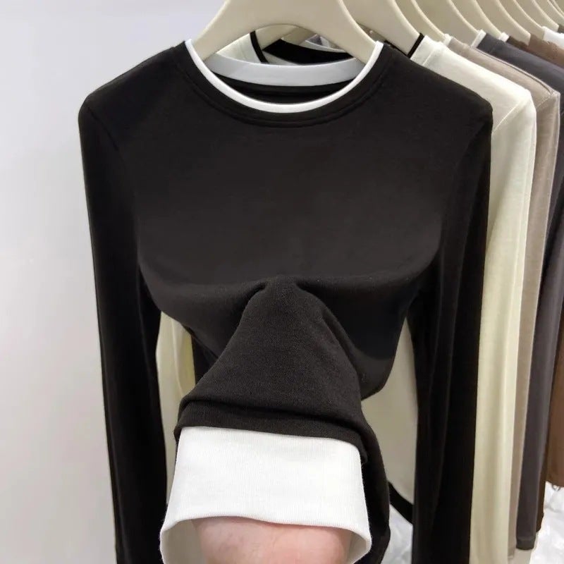 Autumn and Winter popular top European-style velvet warm contrast color fake two-piece long sleeve round neck T-shirt bottoming shirt for women Dark gray - Image 5