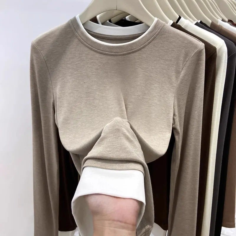 Autumn and Winter popular top European-style velvet warm contrast color fake two-piece long sleeve round neck T-shirt bottoming shirt for women Dark gray - Image 2