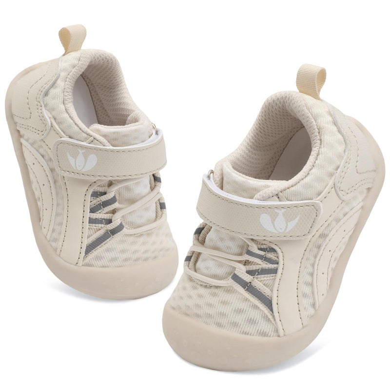 FEETCITY Wide Baby Shoes Baby First Walking Shoes Boys Girls Barefoot Infant Shoe Breathable Infant Tennis Shoe Beige - Image 1