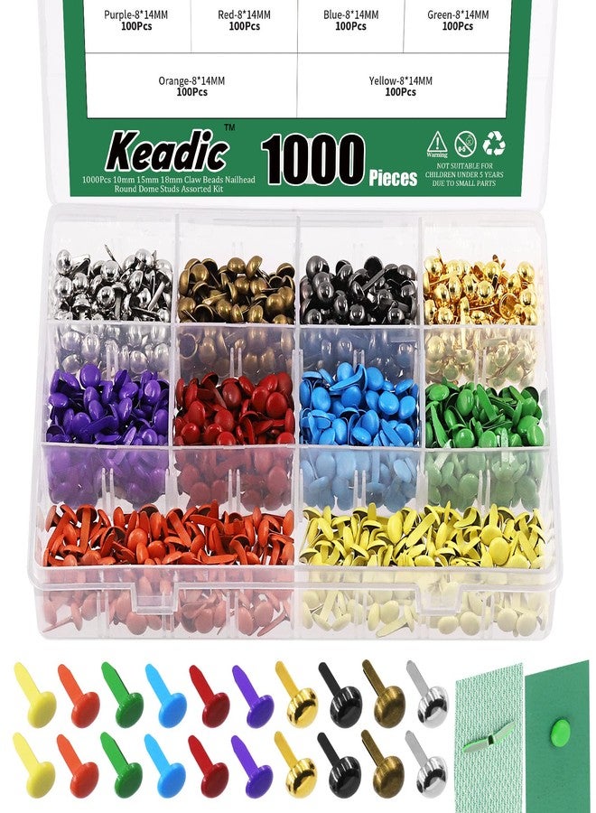 Keadic 1000Pcs Paper Fasteners Brads, 10 Colors Metal Paper Fasteners Round/Mushroom Head Brads Split Pins Pastel Brads Paper Fasteners Mini Brads for DIY Crafts(8 x14mm, 8 x15mm) - Image 1