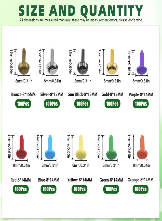 Keadic 1000Pcs Paper Fasteners Brads, 10 Colors Metal Paper Fasteners Round/Mushroom Head Brads Split Pins Pastel Brads Paper Fasteners Mini Brads for DIY Crafts(8 x14mm, 8 x15mm) - Image 2