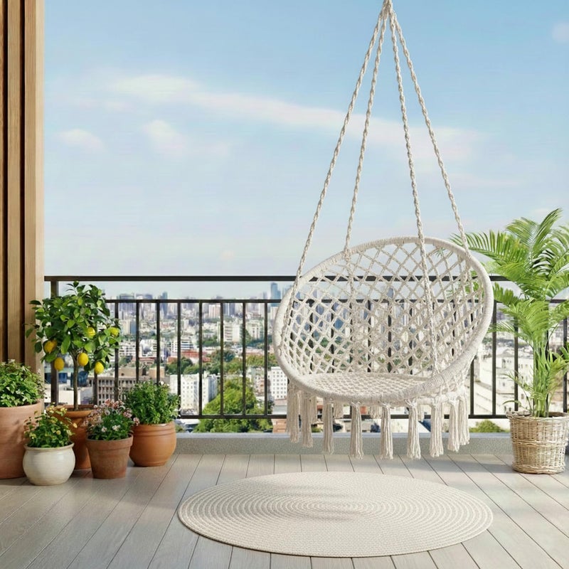 Pivalo Hanging Swing Chair Rope Hammock Cotton Jhula Balcony Living Room Indoor Outdoor 120kg Capacity Suitable for Kids and Adults (Pack of 1, Off White) - Image 5