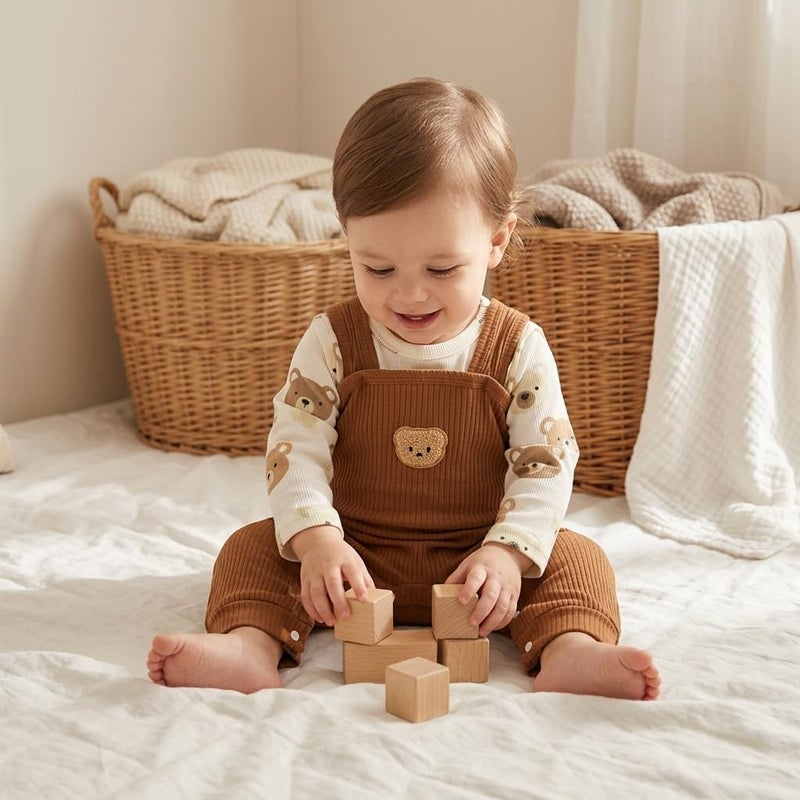 Baby Boys Ribbed Romper with Brown Bear Print Long Sleeve - Image 2