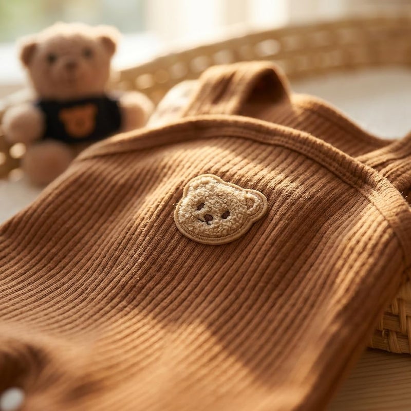 Baby Boys Ribbed Romper with Brown Bear Print Long Sleeve - Image 4