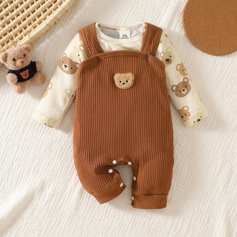 Baby Boys Ribbed Romper with Brown Bear Print Long Sleeve - Image 1