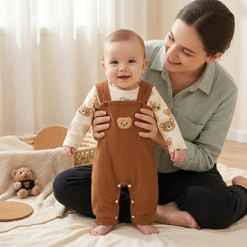 Baby Boys Ribbed Romper with Brown Bear Print Long Sleeve - Image 3
