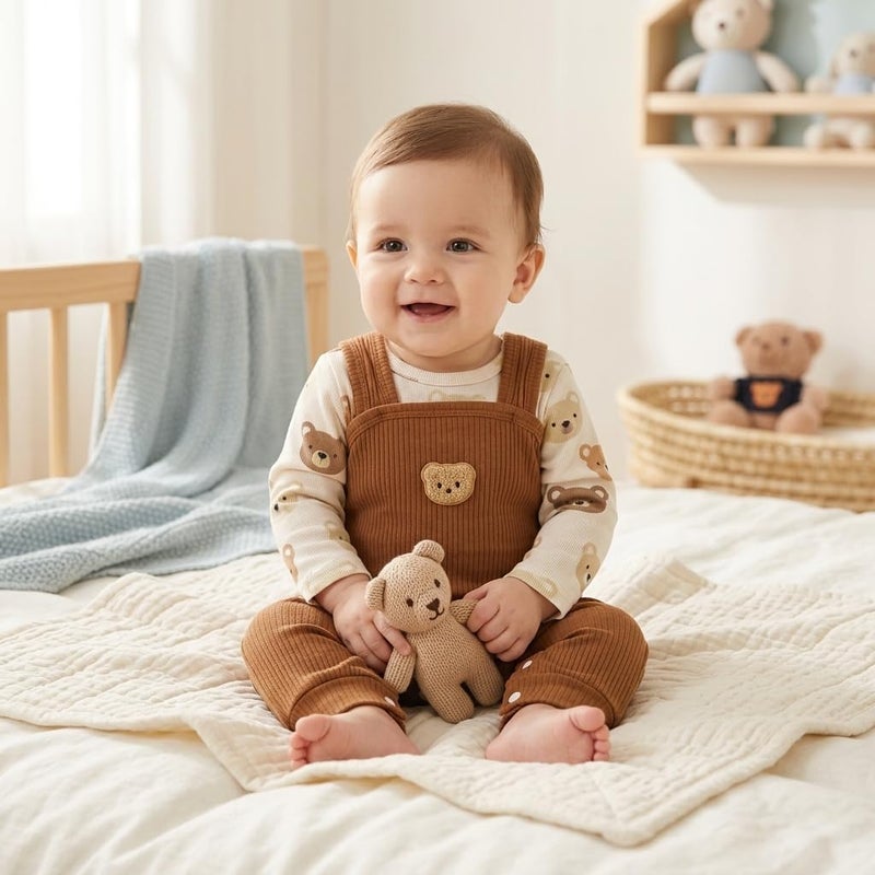 Baby Boys Ribbed Romper with Brown Bear Print Long Sleeve - Image 5