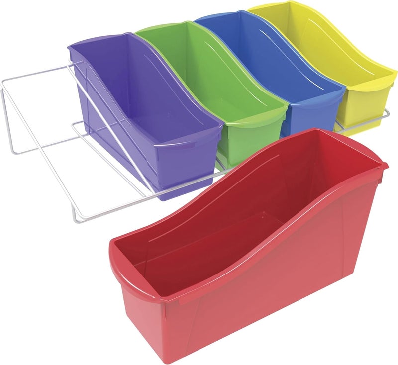 Storex Book Bins with Metal Shelf Rack, 14.3 x 25.69 x 7.25, 5 Assorted Color Bins, White Epoxy Metal Rack - Image 1