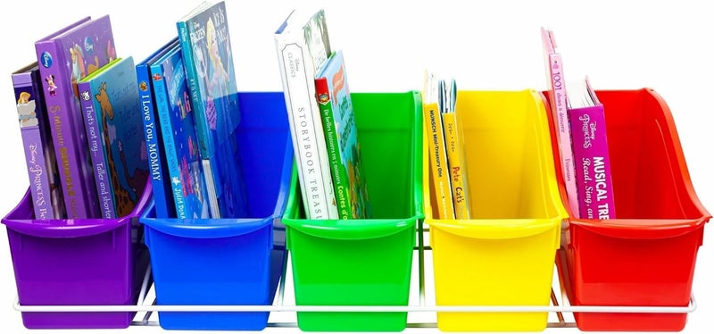 Storex Book Bins with Metal Shelf Rack, 14.3 x 25.69 x 7.25, 5 Assorted Color Bins, White Epoxy Metal Rack - Image 3