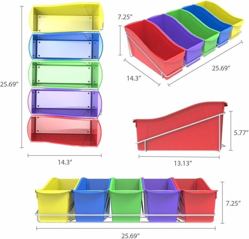 Storex Book Bins with Metal Shelf Rack, 14.3 x 25.69 x 7.25, 5 Assorted Color Bins, White Epoxy Metal Rack - Image 2