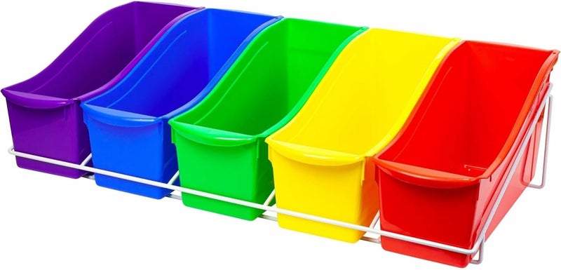 Storex Book Bins with Metal Shelf Rack, 14.3 x 25.69 x 7.25, 5 Assorted Color Bins, White Epoxy Metal Rack - Image 5