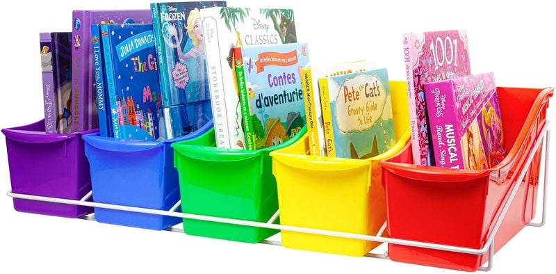 Storex Book Bins with Metal Shelf Rack, 14.3 x 25.69 x 7.25, 5 Assorted Color Bins, White Epoxy Metal Rack - Image 4