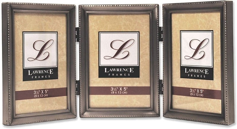 Lawrence Frames 11535T Antique Pewter Hinged Triple 3x5 Picture Frame - Beaded Edge Design - Image 2