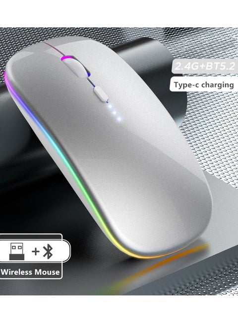 ماوس لاسلكي بلوتوث فأرة كمبيوتر محمول قابلة لإعادة الشحن مع أضواء LED صغير صامت استخدام (BT5.2 و محمول 2.4G وحدة استقبال USB) الوضع المزدوج ماوس كمبيوتر كمبيوتر كمبيوتر محمول/آي باد/كمبيوتر لوحي/كمبيوتر/ماك (فضي)