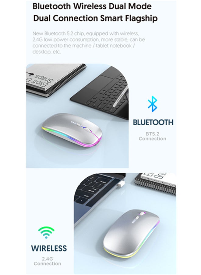 ماوس لاسلكي بلوتوث فأرة كمبيوتر محمول قابلة لإعادة الشحن مع أضواء LED صغير صامت استخدام (BT5.2 و محمول 2.4G وحدة استقبال USB) الوضع المزدوج ماوس كمبيوتر كمبيوتر كمبيوتر محمول/آي باد/كمبيوتر لوحي/كمبيوتر/ماك (فضي)