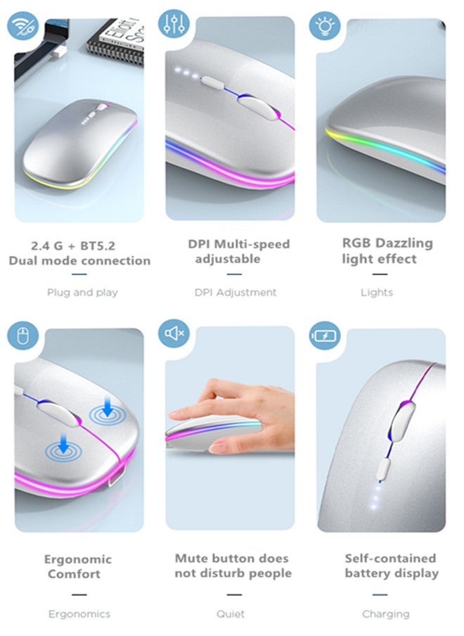ماوس لاسلكي بلوتوث فأرة كمبيوتر محمول قابلة لإعادة الشحن مع أضواء LED صغير صامت استخدام (BT5.2 و محمول 2.4G وحدة استقبال USB) الوضع المزدوج ماوس كمبيوتر كمبيوتر كمبيوتر محمول/آي باد/كمبيوتر لوحي/كمبيوتر/ماك (فضي)