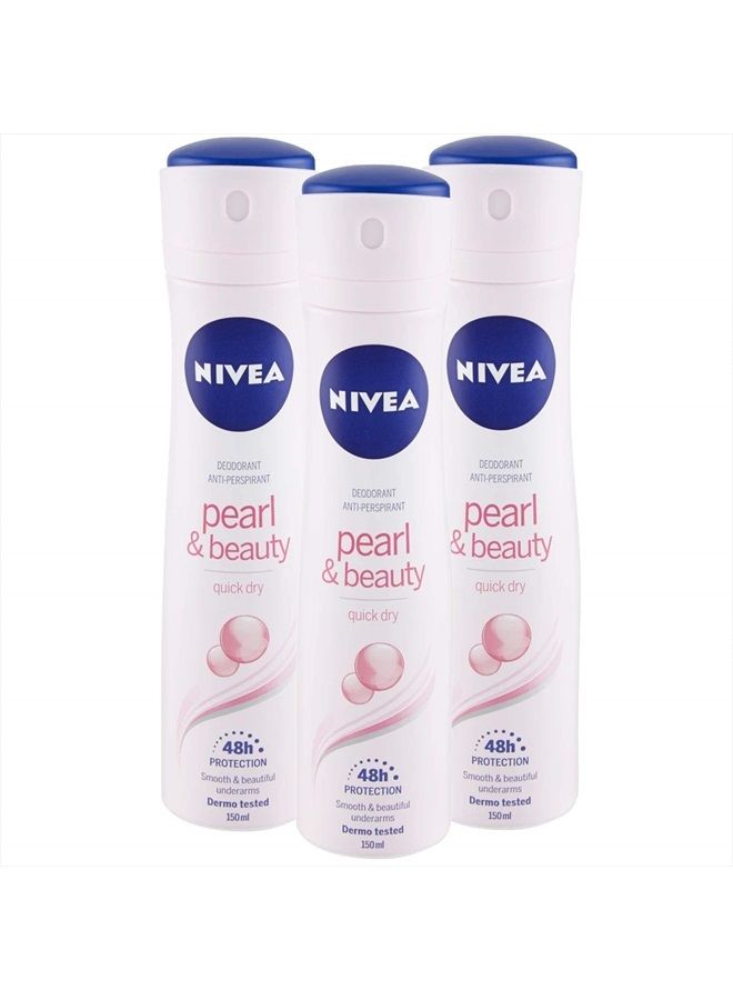 Nivea بخاخ الجسم Nivea Longlasting 48 Hours Freshness - Pearl &amp; Beauty، 3 عبوات × 150 مل / 5.07 أونصة سائلة