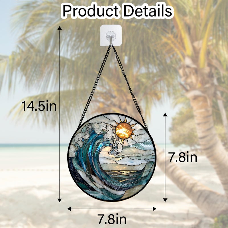 DASTOLL Stained Glass Window Hanging, Blue and White Waves Suncatcher Diamond Glass Panel Landscape Sun Catchers Decor for Birthday for Women, Men, Wife, Aunt, and Mom 7.8 in - Image 5