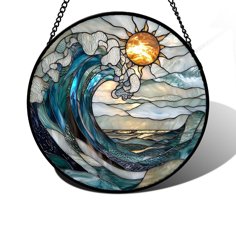DASTOLL Stained Glass Window Hanging, Blue and White Waves Suncatcher Diamond Glass Panel Landscape Sun Catchers Decor for Birthday for Women, Men, Wife, Aunt, and Mom 7.8 in - Image 1