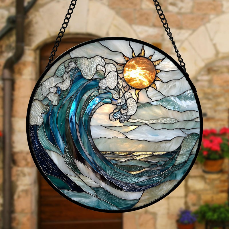 DASTOLL Stained Glass Window Hanging, Blue and White Waves Suncatcher Diamond Glass Panel Landscape Sun Catchers Decor for Birthday for Women, Men, Wife, Aunt, and Mom 7.8 in - Image 4
