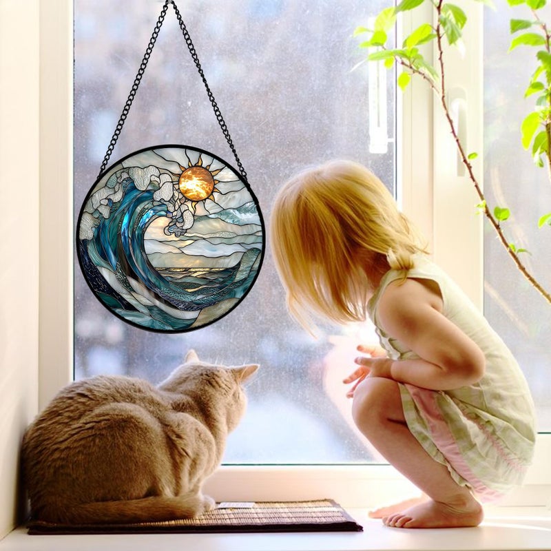 DASTOLL Stained Glass Window Hanging, Blue and White Waves Suncatcher Diamond Glass Panel Landscape Sun Catchers Decor for Birthday for Women, Men, Wife, Aunt, and Mom 7.8 in - Image 3