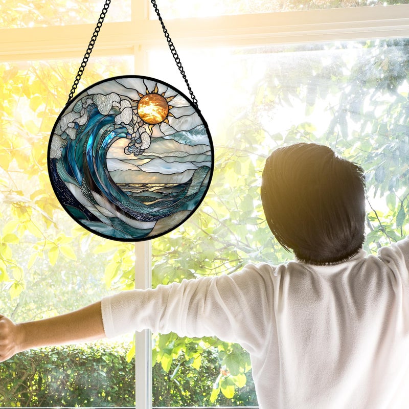 DASTOLL Stained Glass Window Hanging, Blue and White Waves Suncatcher Diamond Glass Panel Landscape Sun Catchers Decor for Birthday for Women, Men, Wife, Aunt, and Mom 7.8 in - Image 2