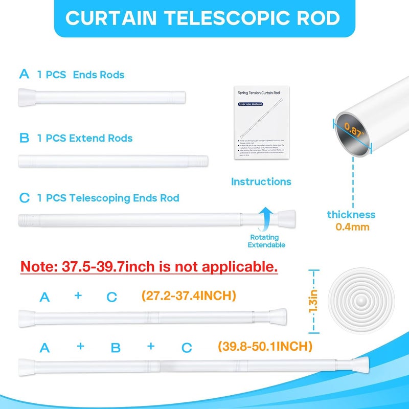 MEXAU White Tension Curtain Rod for Windows 28 to 48 Inch,7/8"Small Shower Curtain Rod for Bathroom,Pressure Spring Tension Curtain Rod No Drilling for Closet Doorway Kitchen - Image 2