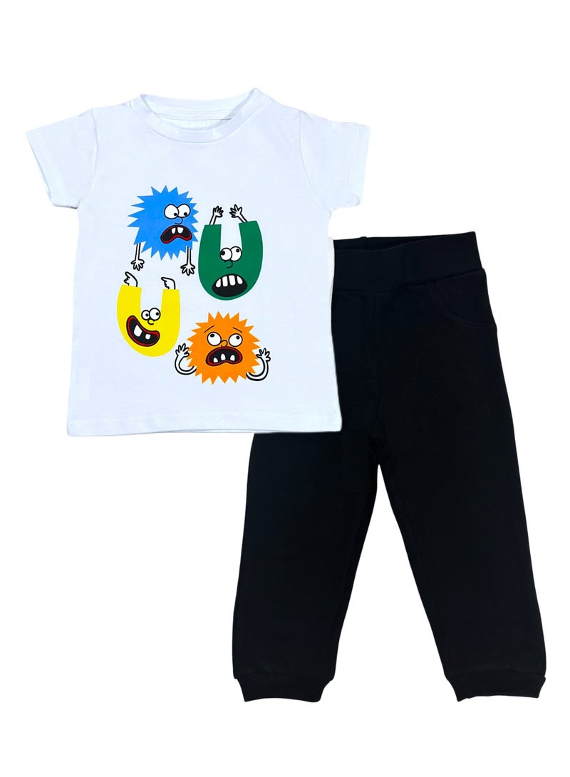 Baby Co. Monsters cotton set (White t-shirt + Black Sweatpants)  - Image 1