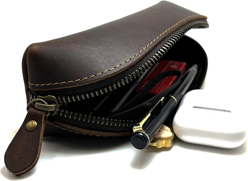 Craoopii Leather Pencil Case Pencil Bag Pouch With Zipper Pen Holders Handmade Genuine Leather For Men Women Students Businessmen And Artists Home Work Office. (Deep coffee) - Image 4