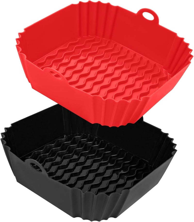 ZVOZAR 2 PCS Square Silicone Air Fryer Liners 8 Inch Reusable Air Fryer Pot Air Fryer Accessories Baking Tray Air Fryer Inserts for 4 to 7 QT Oven Microwave Accessories BLACK RED  - Image 1