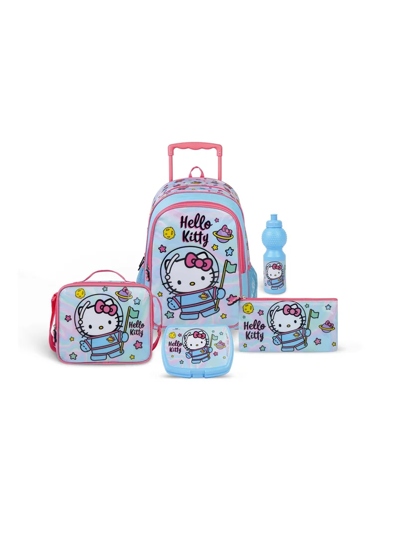 سانريو Sanrio Hello Kitty 5-in-1 Kids Trolley School Set 18" | Rolling Backpack, Lunch Bag, Lunch Box, Water Bottle & Pencil Case | Water Resistant  | Girls School Bag