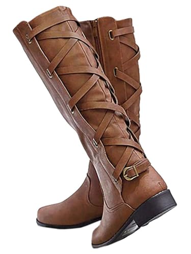 Syktkmx Womens Strappy Motorcycle Knee High Boots Winter Lace Up Riding Flat Low Heel Shoes Brown Size 95 - Image 1
