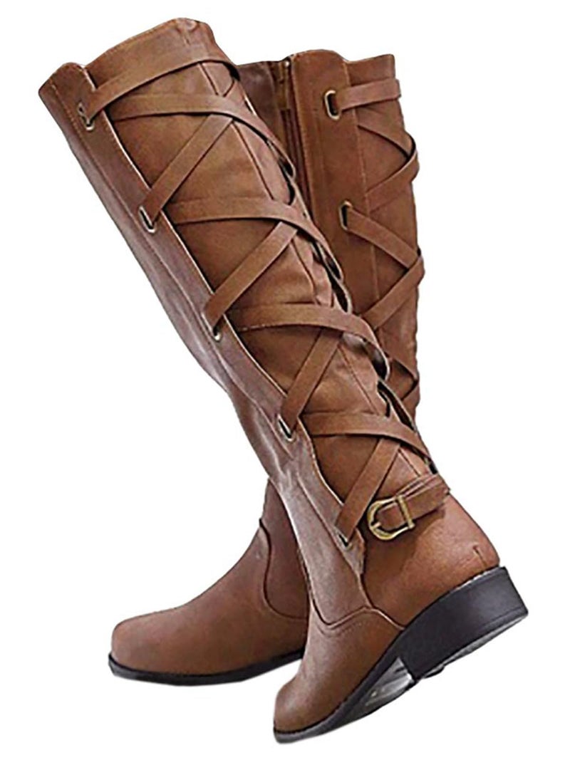 Syktkmx Womens Strappy Motorcycle Knee High Boots Winter Lace Up Riding Flat Low Heel Shoes Brown Size 95 - Image 2