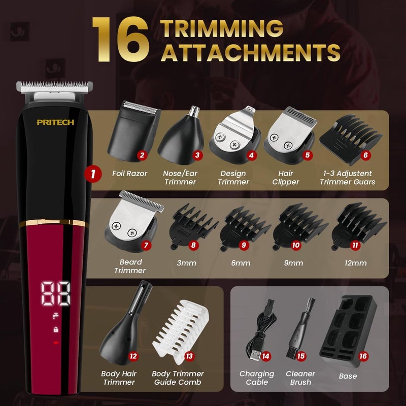 pritech Beard Trimmer for Men,6 in 1 Hair Clippers Kit, Precision Cordless Grooming Kit Waterproof IPX6 for Beard, Hair, Body, Nose, Ear, with Foil Razor (Red) - Image 5