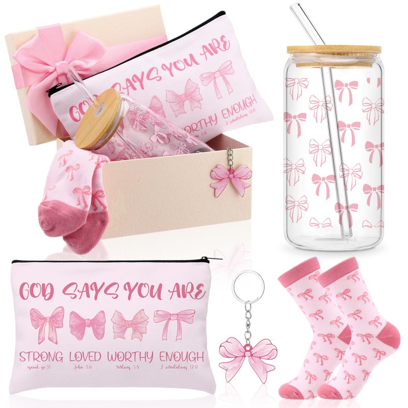 Boao 5 Pcs Pink Coquette Gift Set with Glass Cup Socks Cosmetic Bag Keychain Coquette Stuff Thank You Gift Box for Girls Women - Image 2
