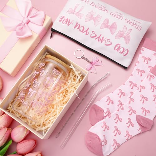 Boao 5 Pcs Pink Coquette Gift Set with Glass Cup Socks Cosmetic Bag Keychain Coquette Stuff Thank You Gift Box for Girls Women - Image 3