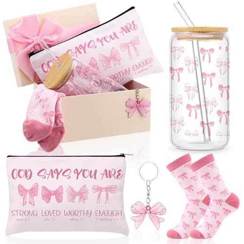 Boao 5 Pcs Pink Coquette Gift Set with Glass Cup Socks Cosmetic Bag Keychain Coquette Stuff Thank You Gift Box for Girls Women - Image 1