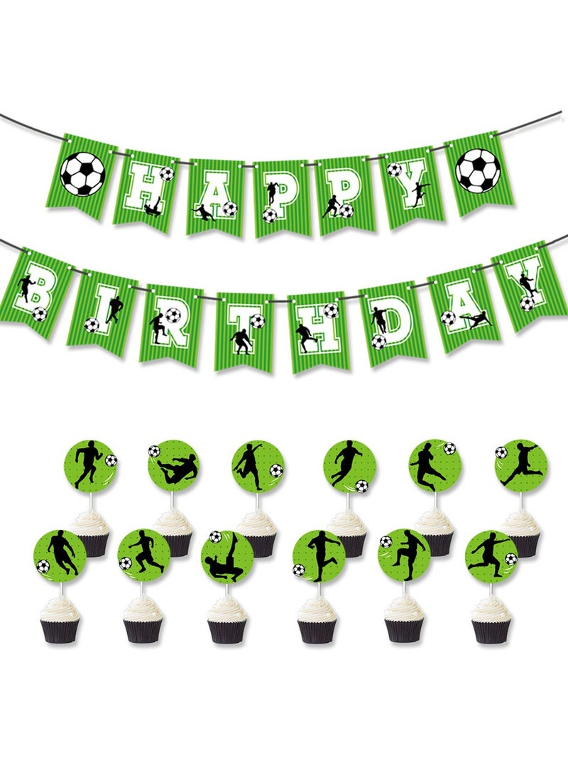 عيد ميلاد سعيد لافتة كرة القدم, موضوع كرة القدم عيد ميلاد سعيد راية كرة القدم حفلة عيد ميلاد زينة عيد ميلاد كرة القدم للأولاد أطفال بنات رياضية هدية حفلات ديكورات تفضل 12 حلوى طاولة العصي التزيين + 1 لافتات - Image 1