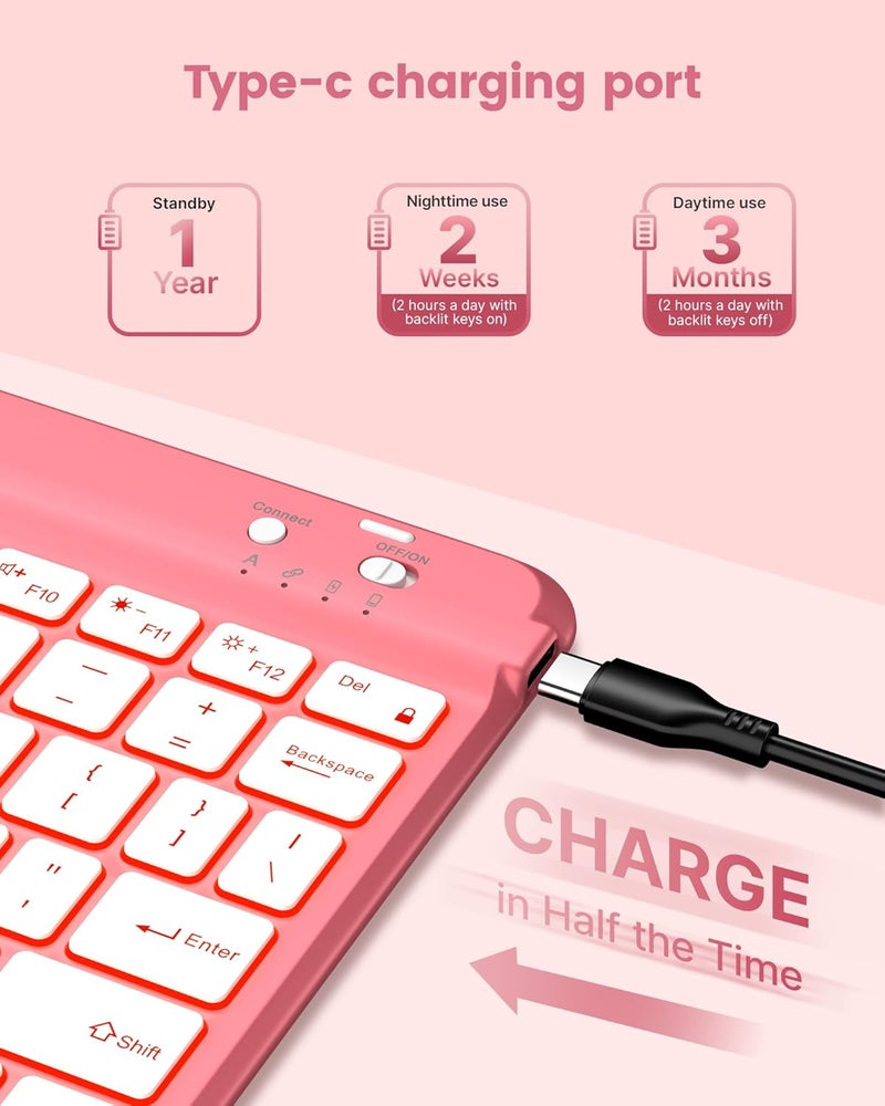 typecase حافظة لوحة مفاتيح من نوع لجهاز iPad الجيل العاشر بحجم 10.9 بوصة (2022) وiPad الجيل الحادي عشر (A16، 2025)، تحتوي على لوحة مفاتيح لاسلكية قابلة للفصل، مزودة بإضاءة خلفية بسبعة ألوان، نحيفة وخفيفة، وتحتوي على مسند قلم – اللون الوردي - Image 4
