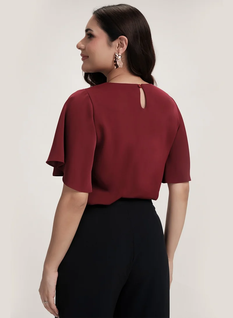Zigzag Sleeve Flared Round Neck Chiffon Top