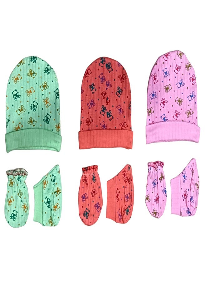 4NEwBiES 100% Cotton Baby Caps, Mittens and Booties Combo Set for 0 to 6 Months - Pack of 4 Multicolor Colors & Pints - Image 1