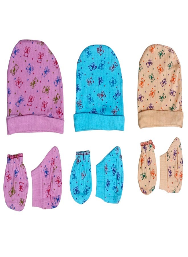 4NEwBiES 100% Cotton Baby Caps, Mittens and Booties Combo Set for 0 to 6 Months - Pack of 4 Multicolor Colors & Pints - Image 4