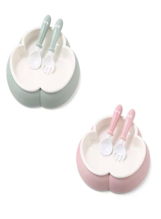 Ess Cubes Enterprise Tableware Baby Feeding Plate with Spoon & Fork Set for BPA Free Elevate Mealtime Essentials 100% Silicon Food Grade PP for Kid and Toddlers Non Toxic Utensil Set (2, Pink and Green Pack of 2) - Image 1